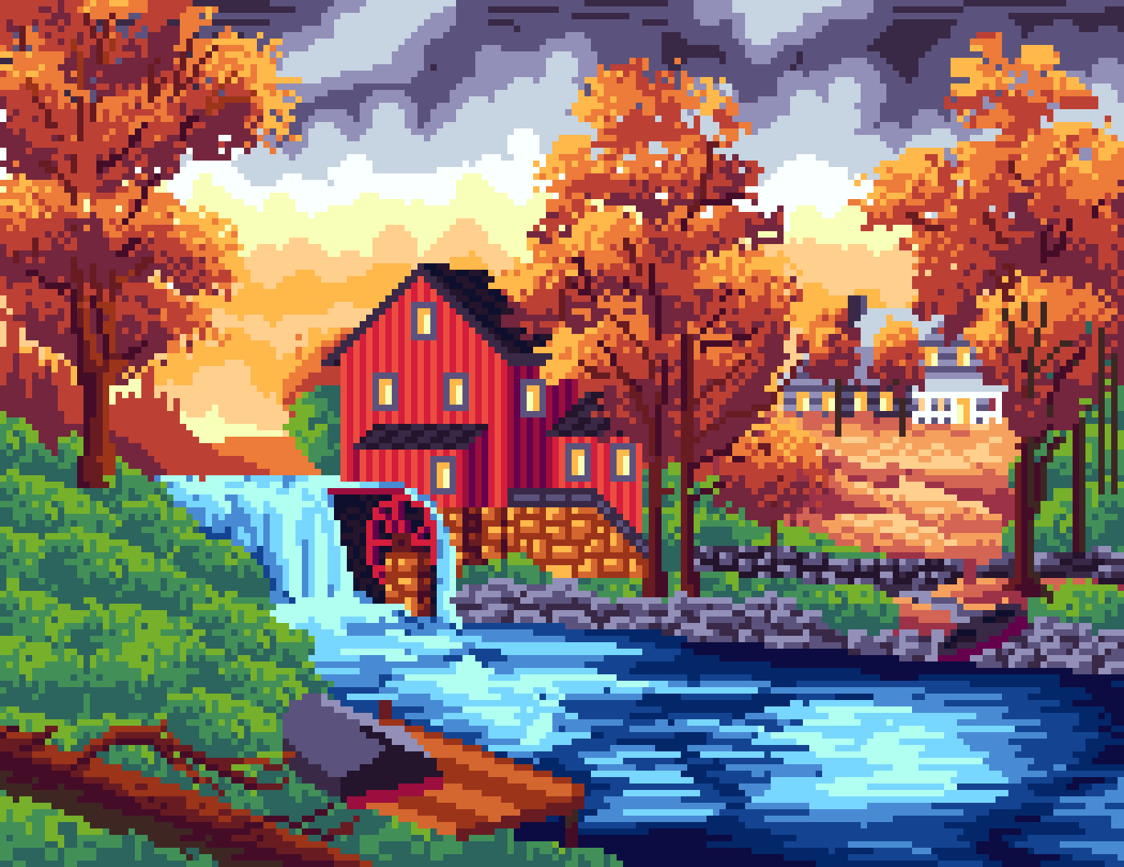 Beautiful auntumn scene of a red barn and a river