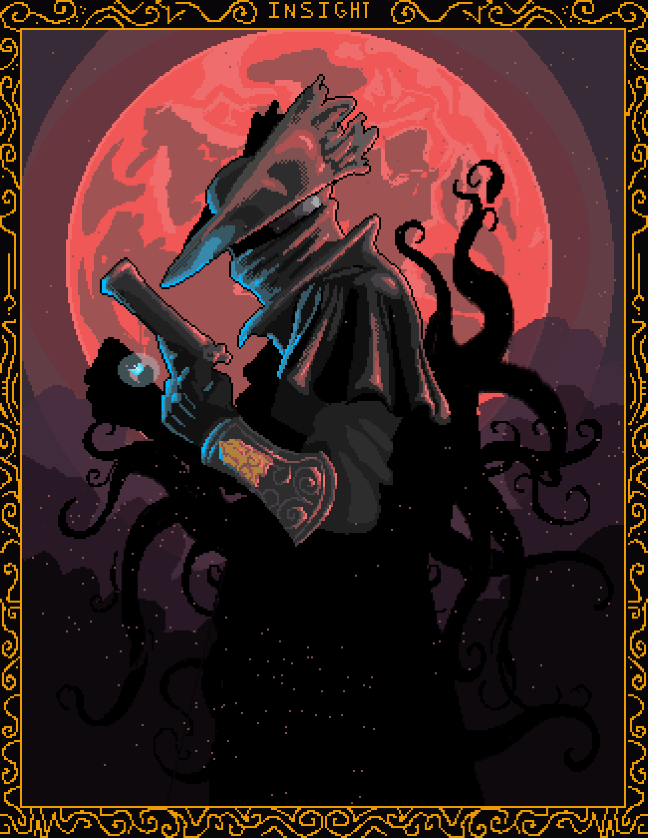 An armed magic bandit with a giant red moon behind him