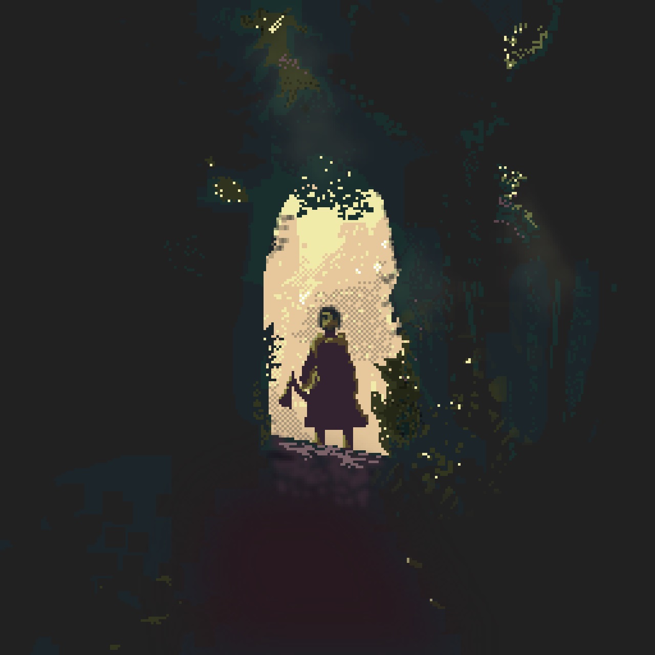 A girl with an axe overlooking a dark forest entrance