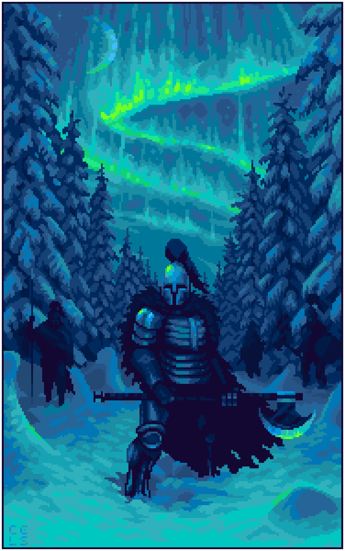 Heavily armed knight with an axe leading a small army in a blue night glow