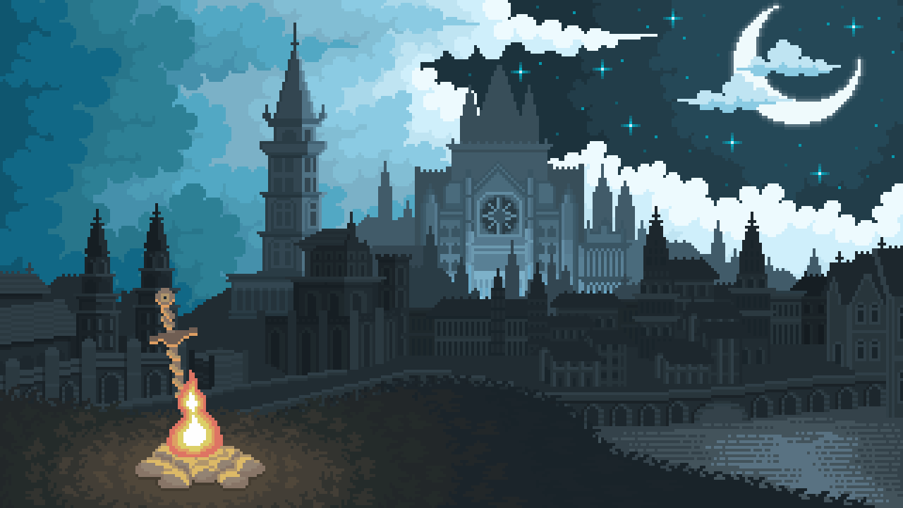 A campfire overseeing a medieval city at night