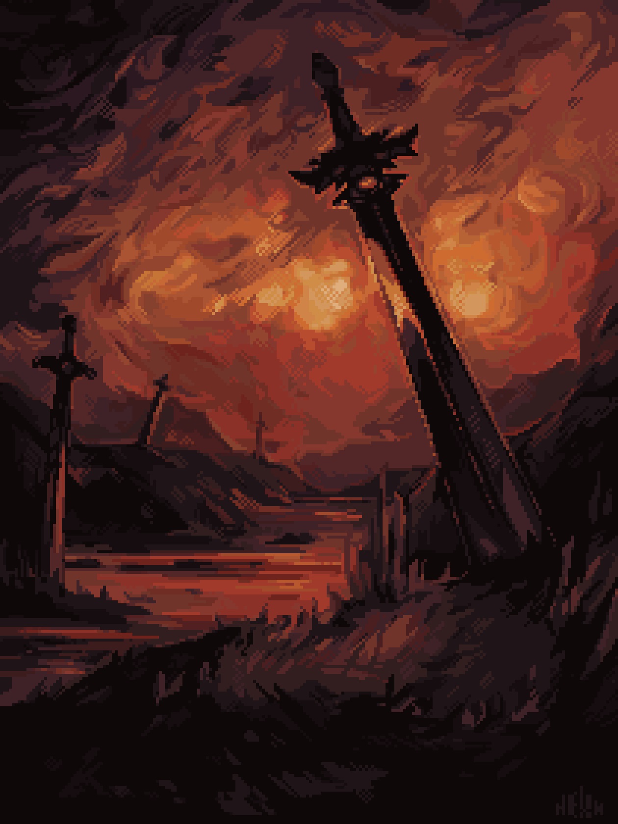 A sword in a post battle scene with a dim red glow.