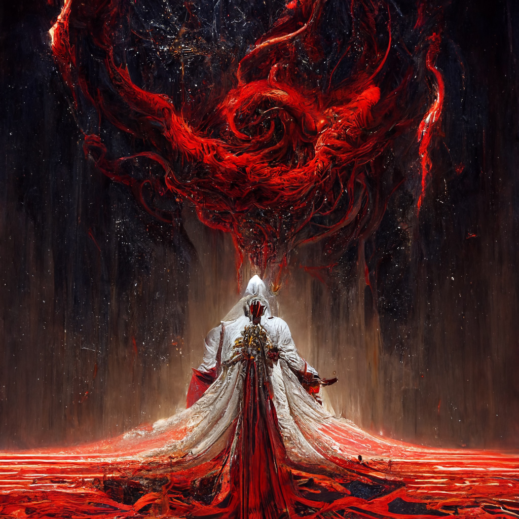 What appears to be a wizard with a wite dress in a bright-red tinted room, with bright red smoke over his head.