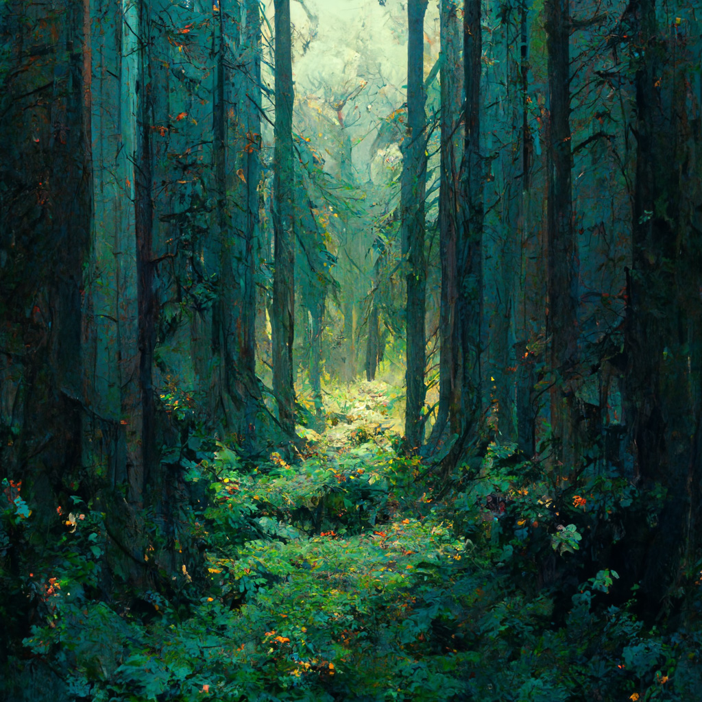 A green shot of the inside of a conifer forest that looks like a painting made by a real person.
