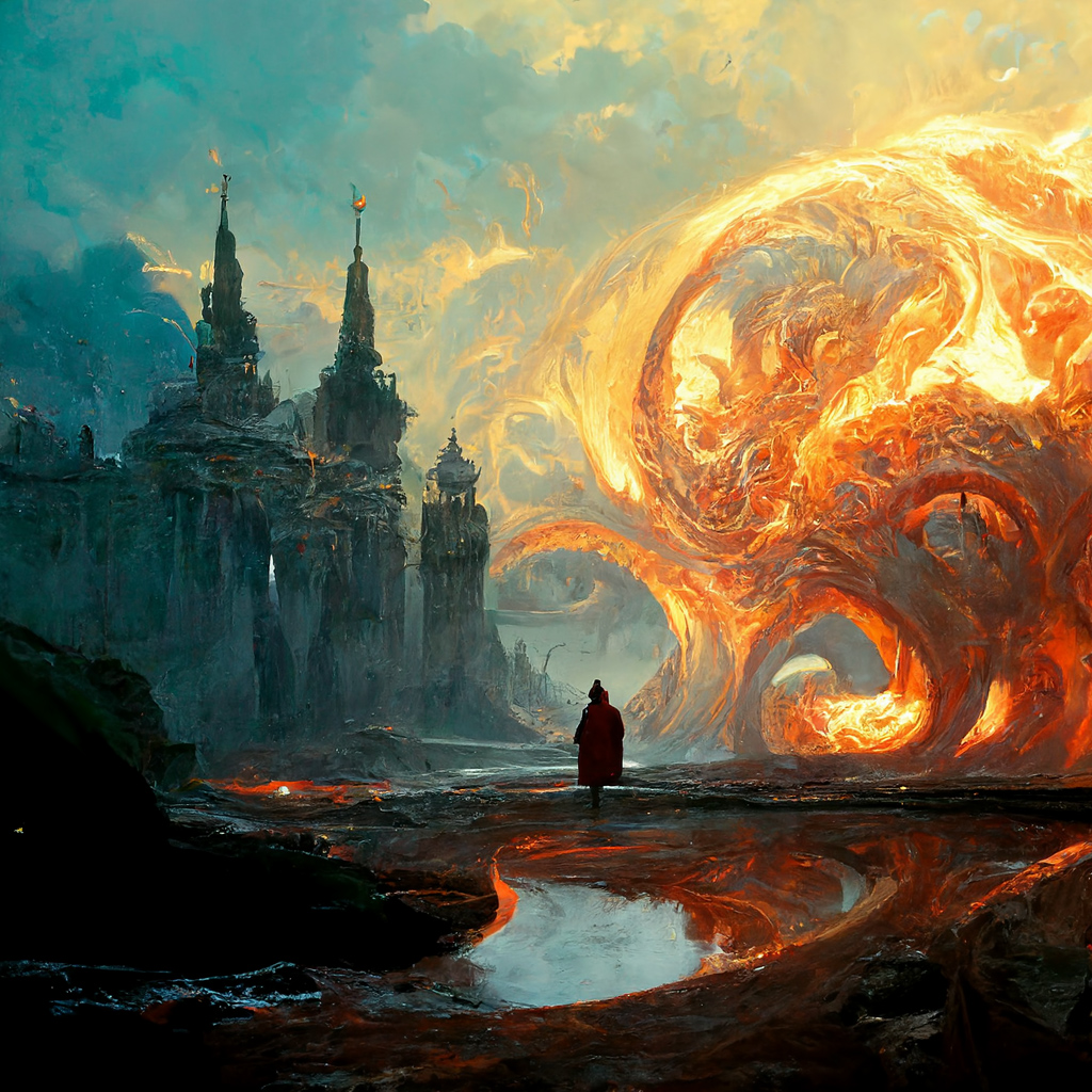 A detailed artwork by Midjourney bot, depicting a person watching beautiful rings of fire by a castle