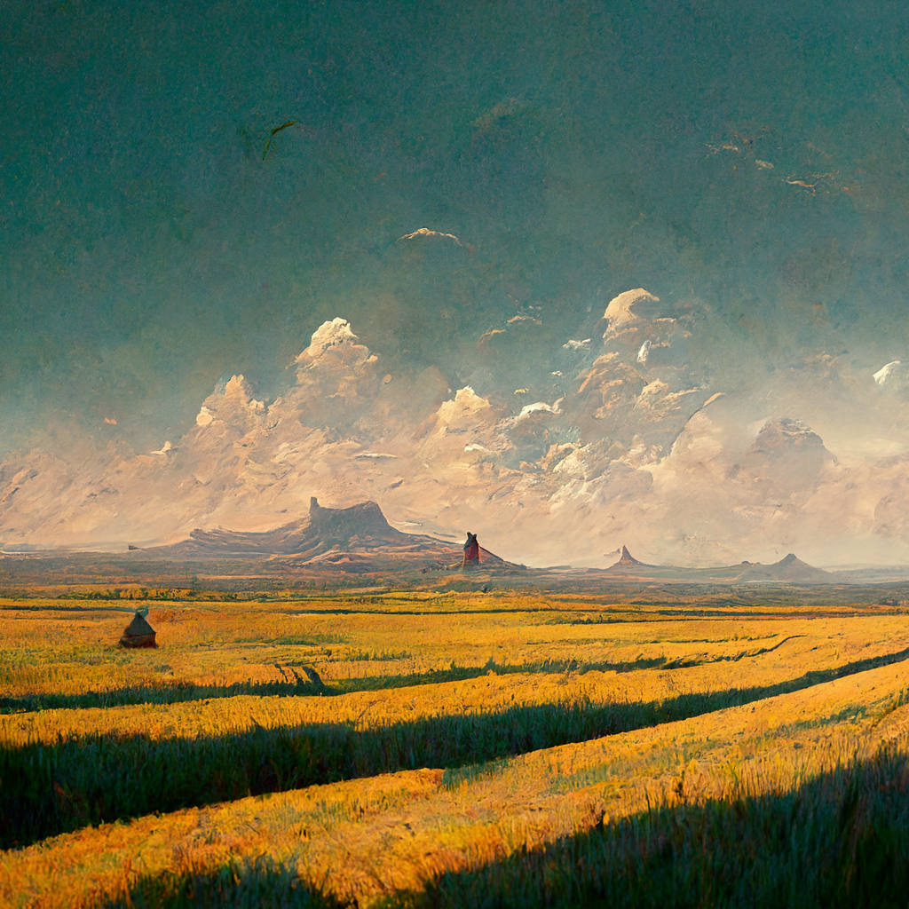 Beautiful wheat fields with distant square-shaped hills on the horizon, much like what you'd see in an american desert, ecxept we're in a wheat field. A small patch of clouds cover the blue sky over the pointy hills.