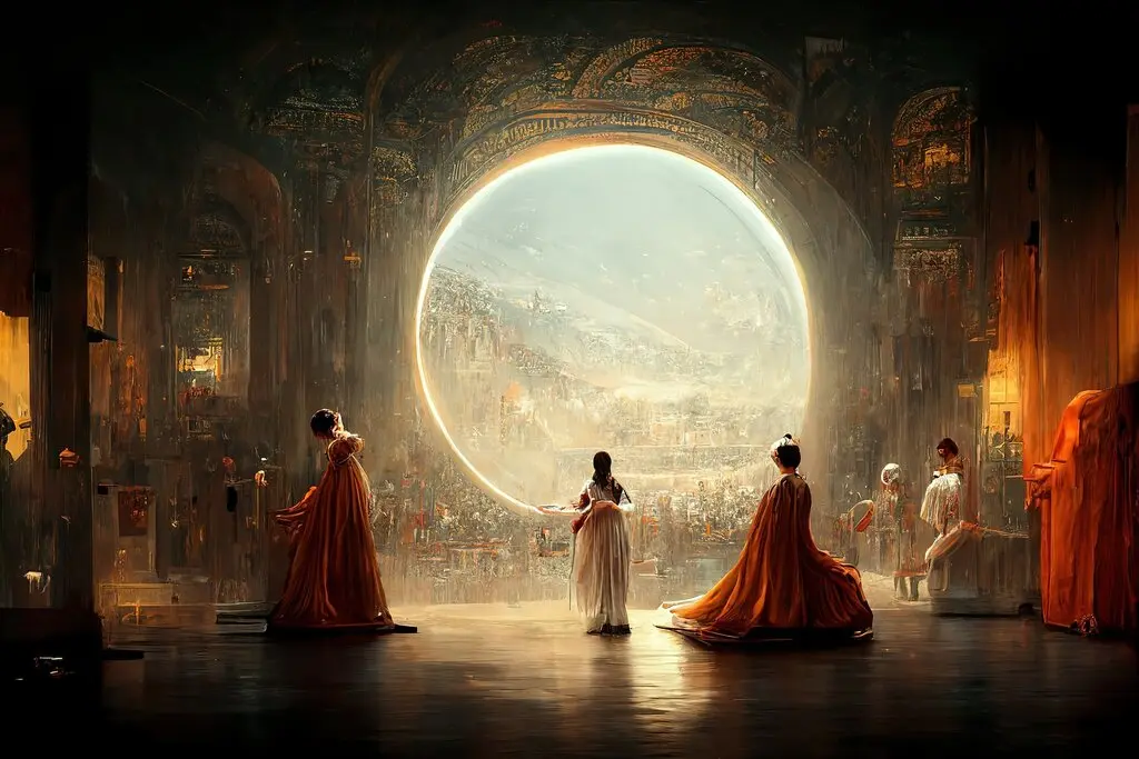 A detailed artwork by Jason Allen, picturing an opera with a round portal to another dimension.